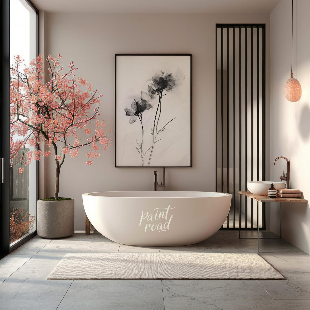 "This monochromatic artwork features two delicate flowers rendered with a soft, ethereal quality, e… for bathroom