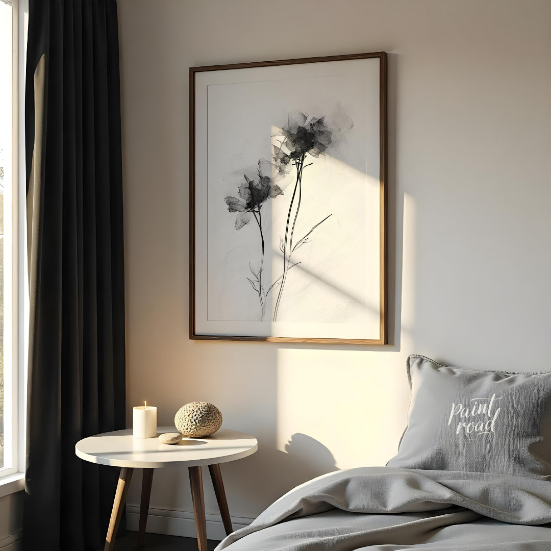 "This monochromatic artwork features two delicate flowers rendered with a soft, ethereal quality, e… for bedroom