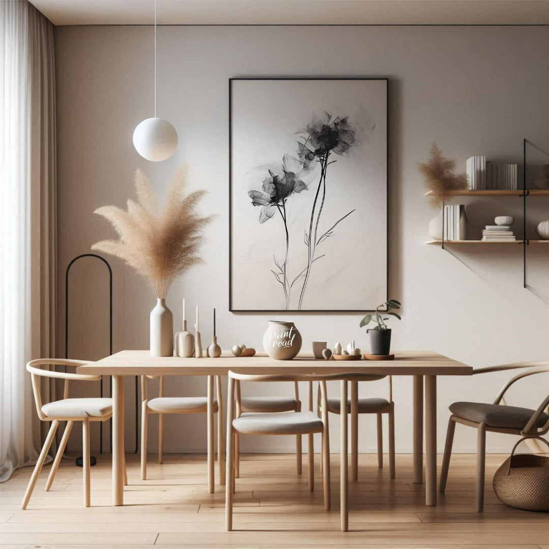 "This monochromatic artwork features two delicate flowers rendered with a soft, ethereal quality, e… for dining room