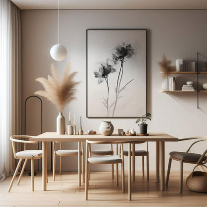 "This monochromatic artwork features two delicate flowers rendered with a soft, ethereal quality, e… for dining room