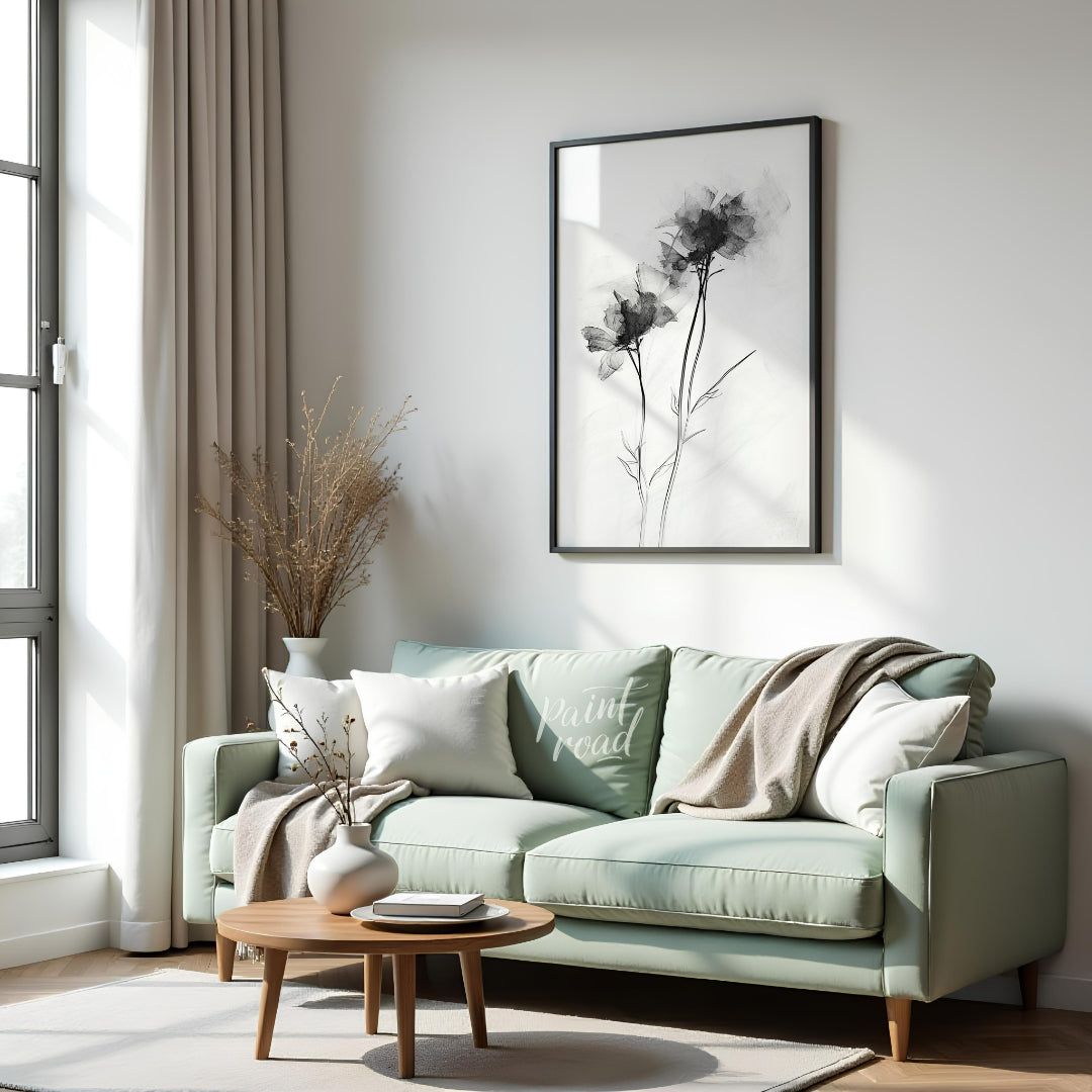 "This monochromatic artwork features two delicate flowers rendered with a soft, ethereal quality, e… for living room
