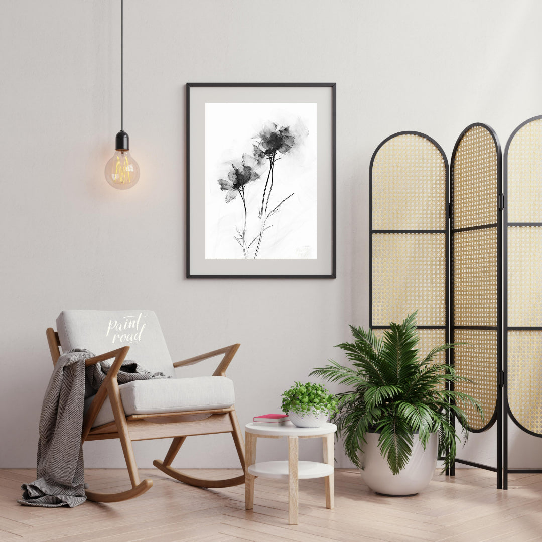 "This monochromatic artwork features two delicate flowers rendered with a soft, ethereal quality, e… for living room