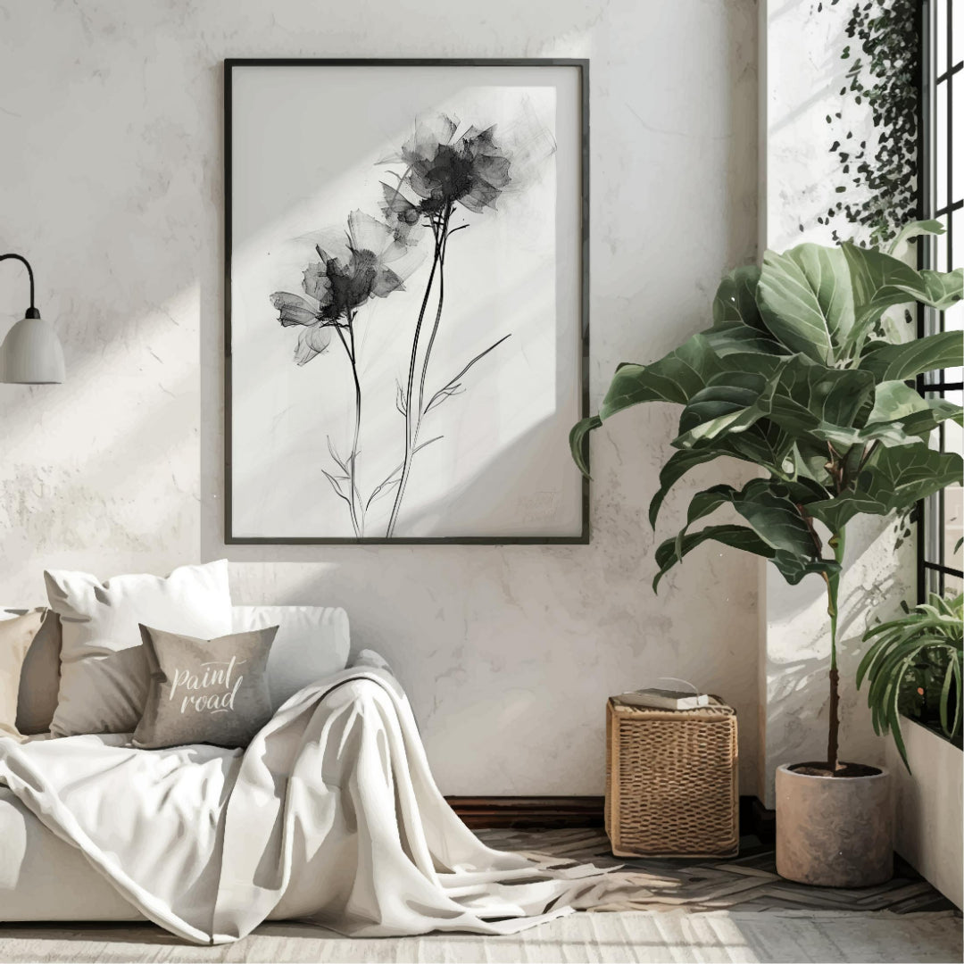 "This monochromatic artwork features two delicate flowers rendered with a soft, ethereal quality, e… for living room