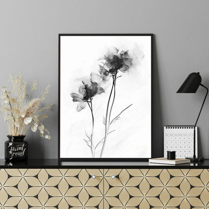 "This monochromatic artwork features two delicate flowers rendered with a soft, ethereal quality, e… for office