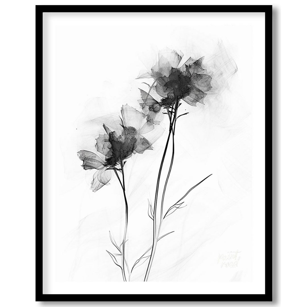 "This monochromatic artwork features two delicate flowers rendered with a soft, ethereal quality, e… for sweet home