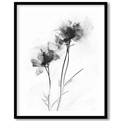 "This monochromatic artwork features two delicate flowers rendered with a soft, ethereal quality, e… for sweet home
