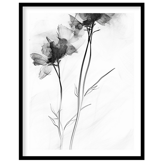 "This monochromatic artwork features two delicate flowers rendered with a soft, ethereal quality, e… for sweet home