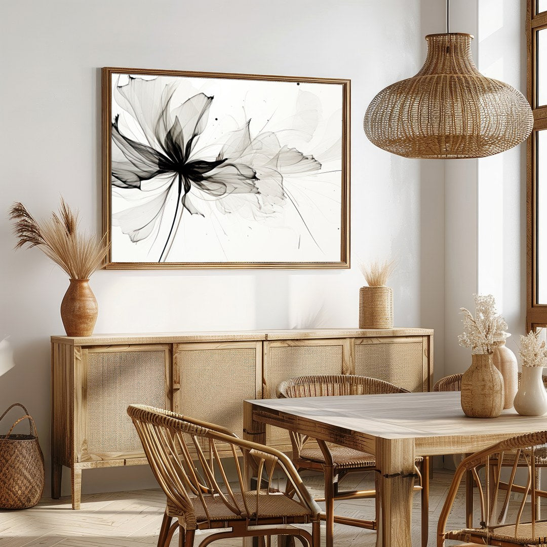 Experience the delicate grace of nature with 'Ethereal Bloom: Monochrome Essence.' This captivating for Dining