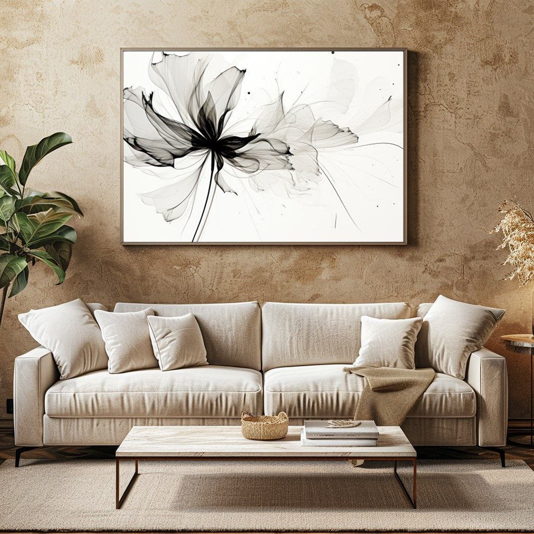 Experience the delicate grace of nature with 'Ethereal Bloom: Monochrome Essence.' This captivating for Family Room