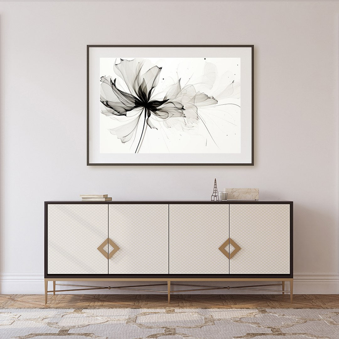Experience the delicate grace of nature with 'Ethereal Bloom: Monochrome Essence.' This captivating for Foyer