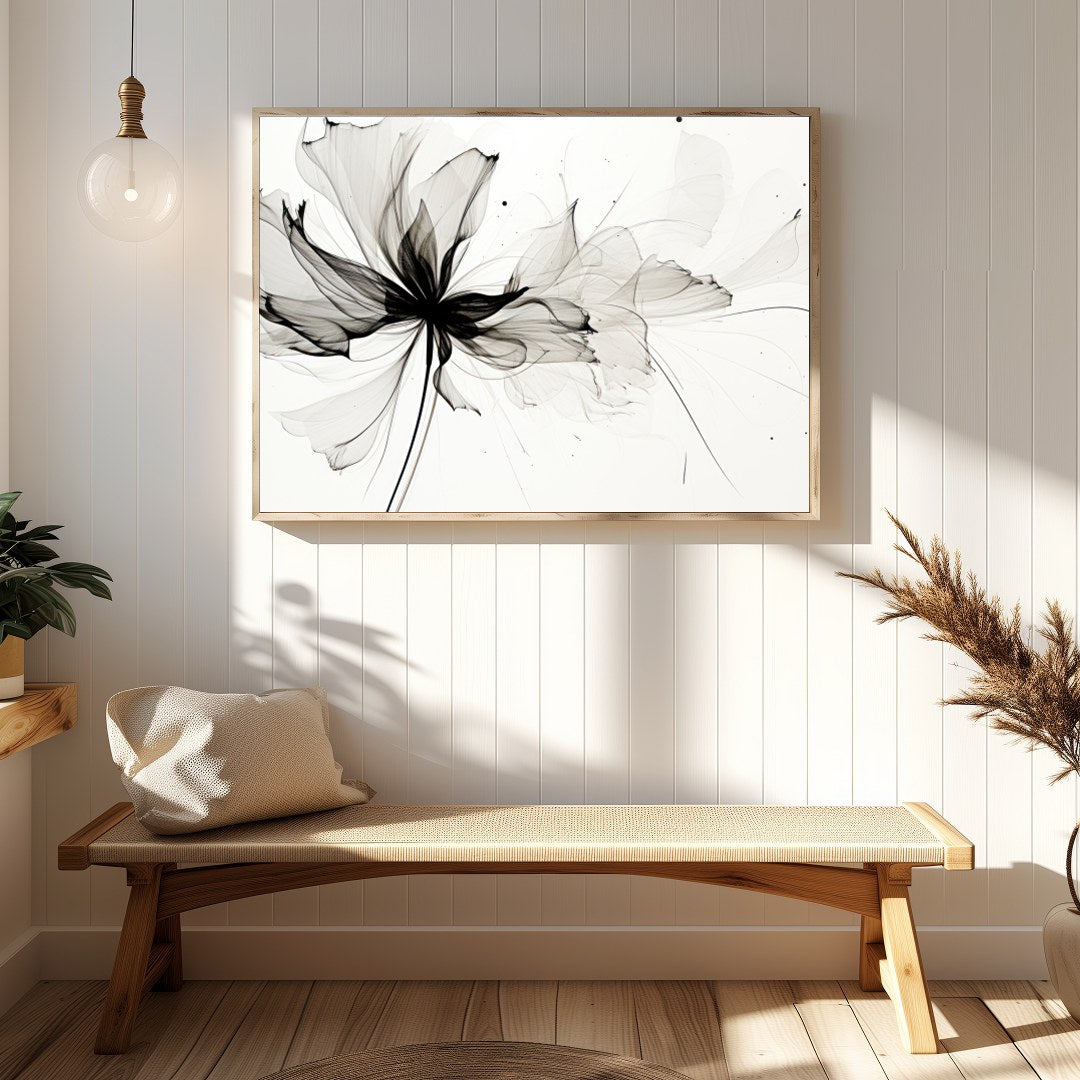 Experience the delicate grace of nature with 'Ethereal Bloom: Monochrome Essence.' This captivating for Hallway