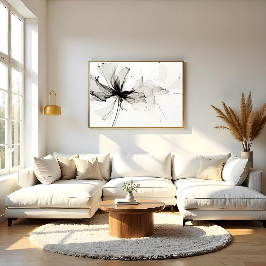 Experience the delicate grace of nature with 'Ethereal Bloom: Monochrome Essence.' This captivating for Living Room