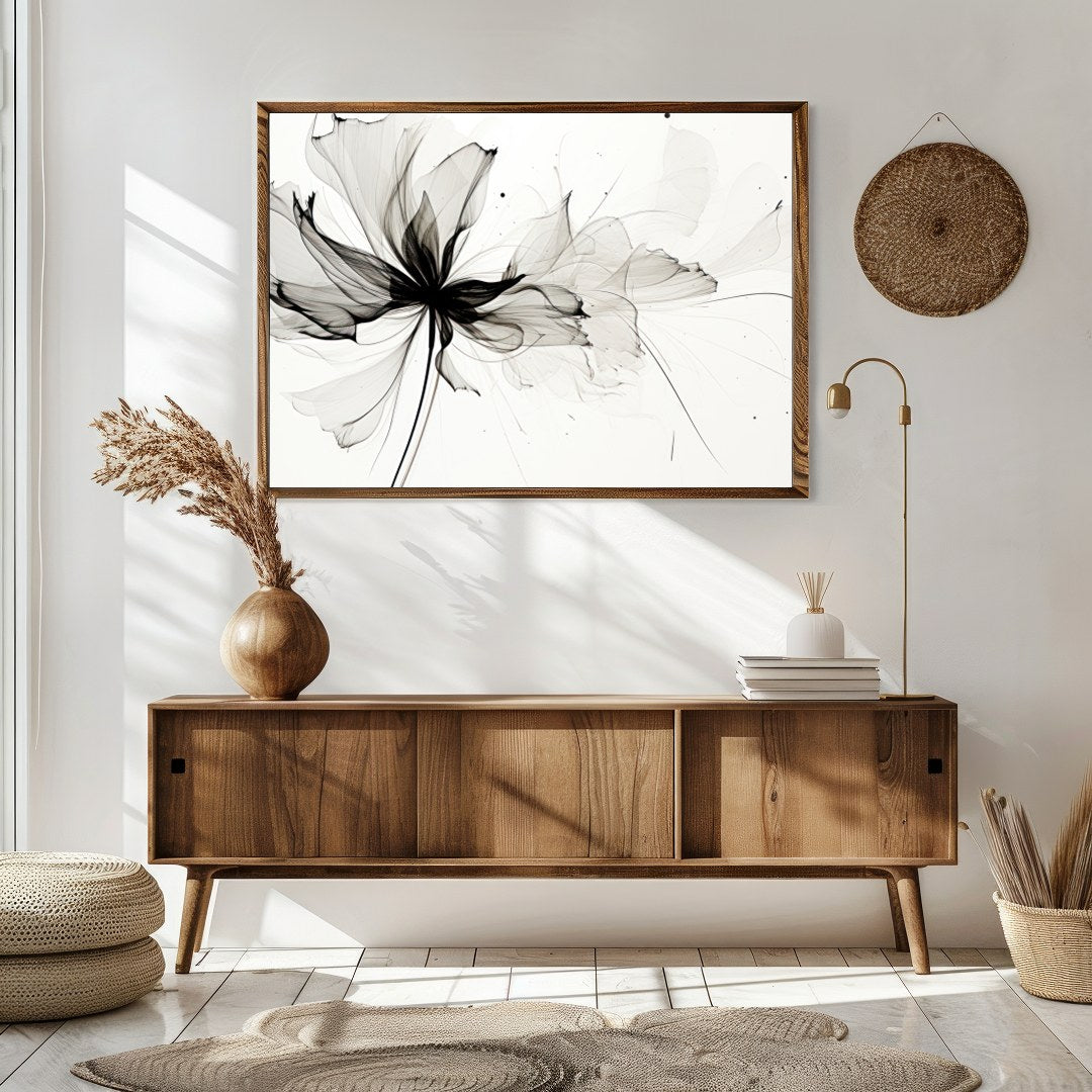 Experience the delicate grace of nature with 'Ethereal Bloom: Monochrome Essence.' This captivating for Sitting Area