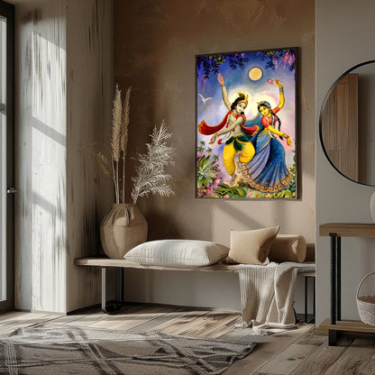 This captivating artwork portrays a mystical dance under the serene glow of a full moon. The for abode