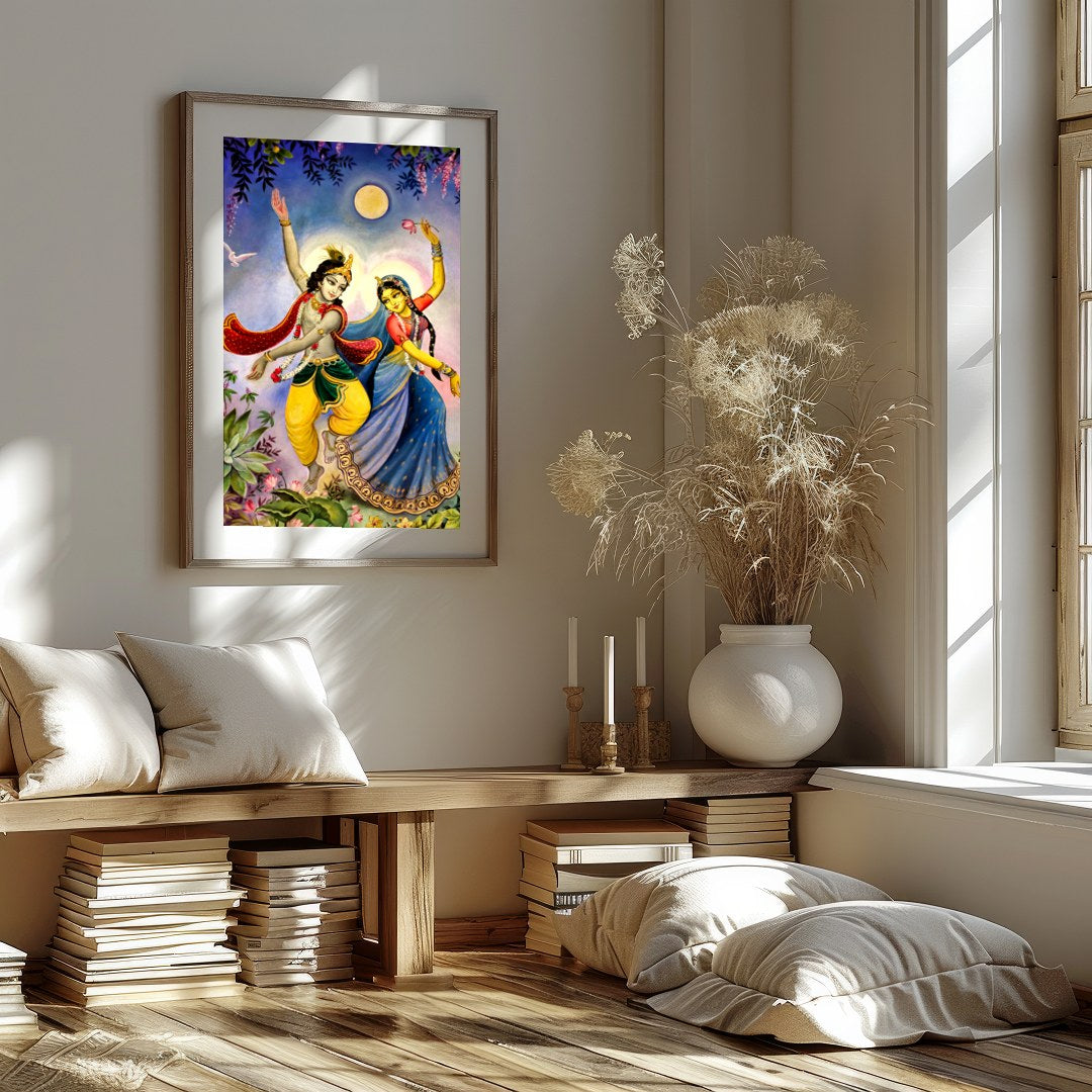 This captivating artwork portrays a mystical dance under the serene glow of a full moon. The for space