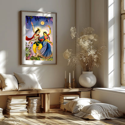 This captivating artwork portrays a mystical dance under the serene glow of a full moon. The for space