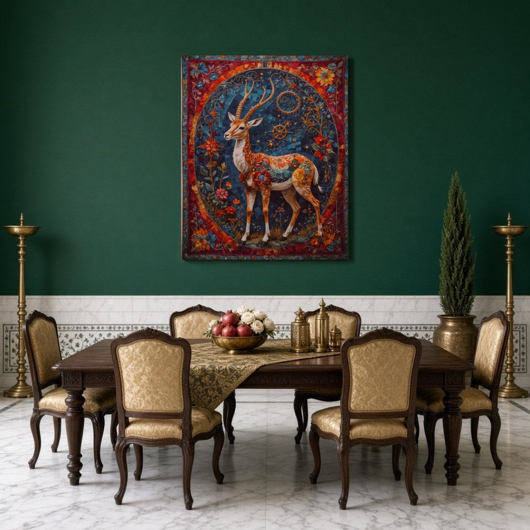 This mesmerizing artwork features an elegant deer adorned with intricate patterns and surrounded by for Dining