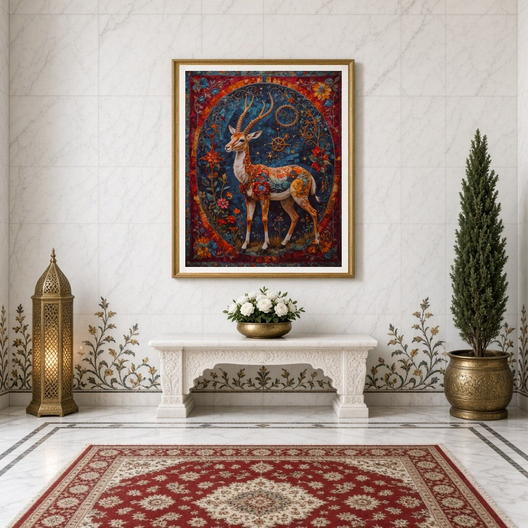This mesmerizing artwork features an elegant deer adorned with intricate patterns and surrounded by for Entrance