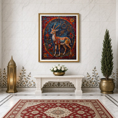 This mesmerizing artwork features an elegant deer adorned with intricate patterns and surrounded by for Entrance