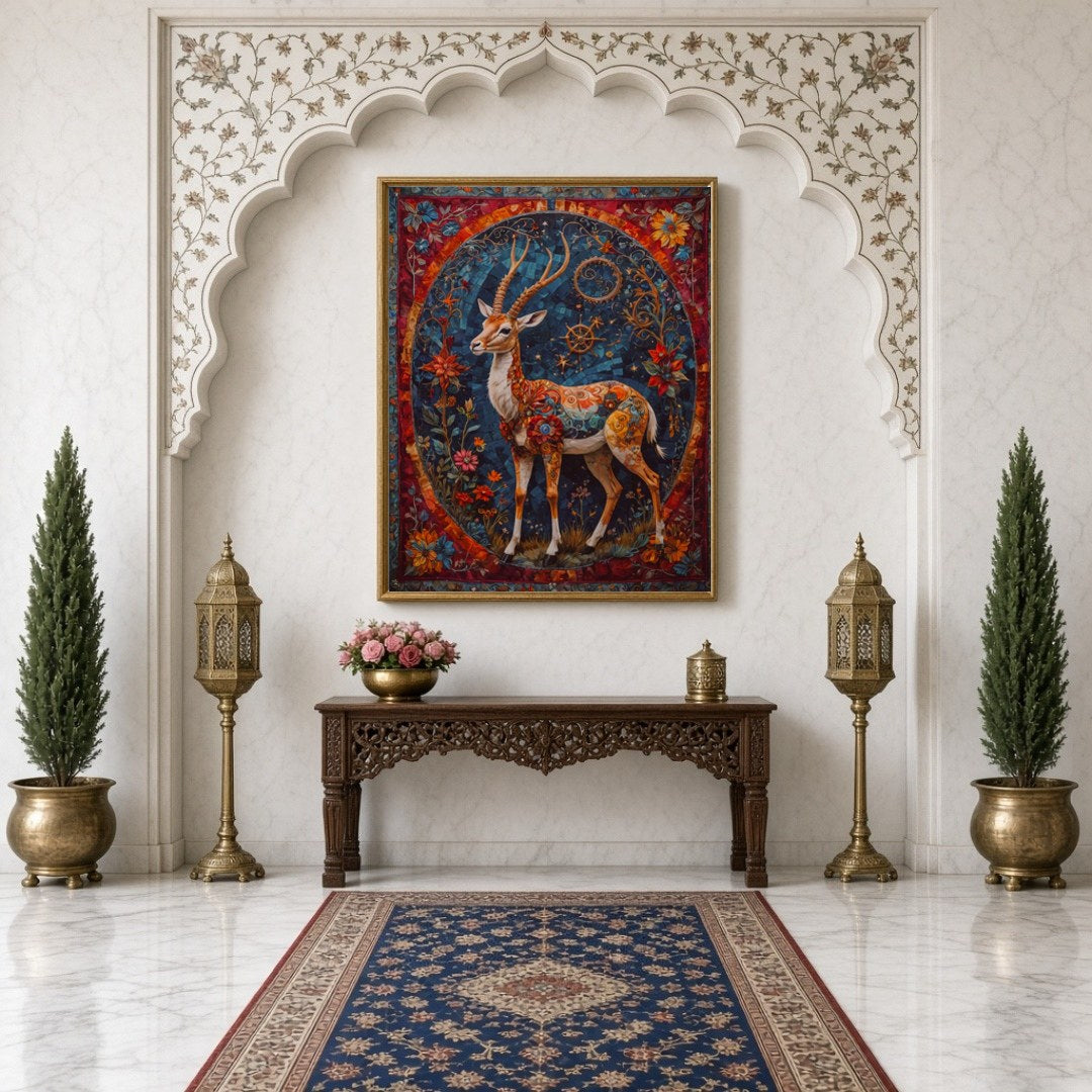 This mesmerizing artwork features an elegant deer adorned with intricate patterns and surrounded by for Hallway