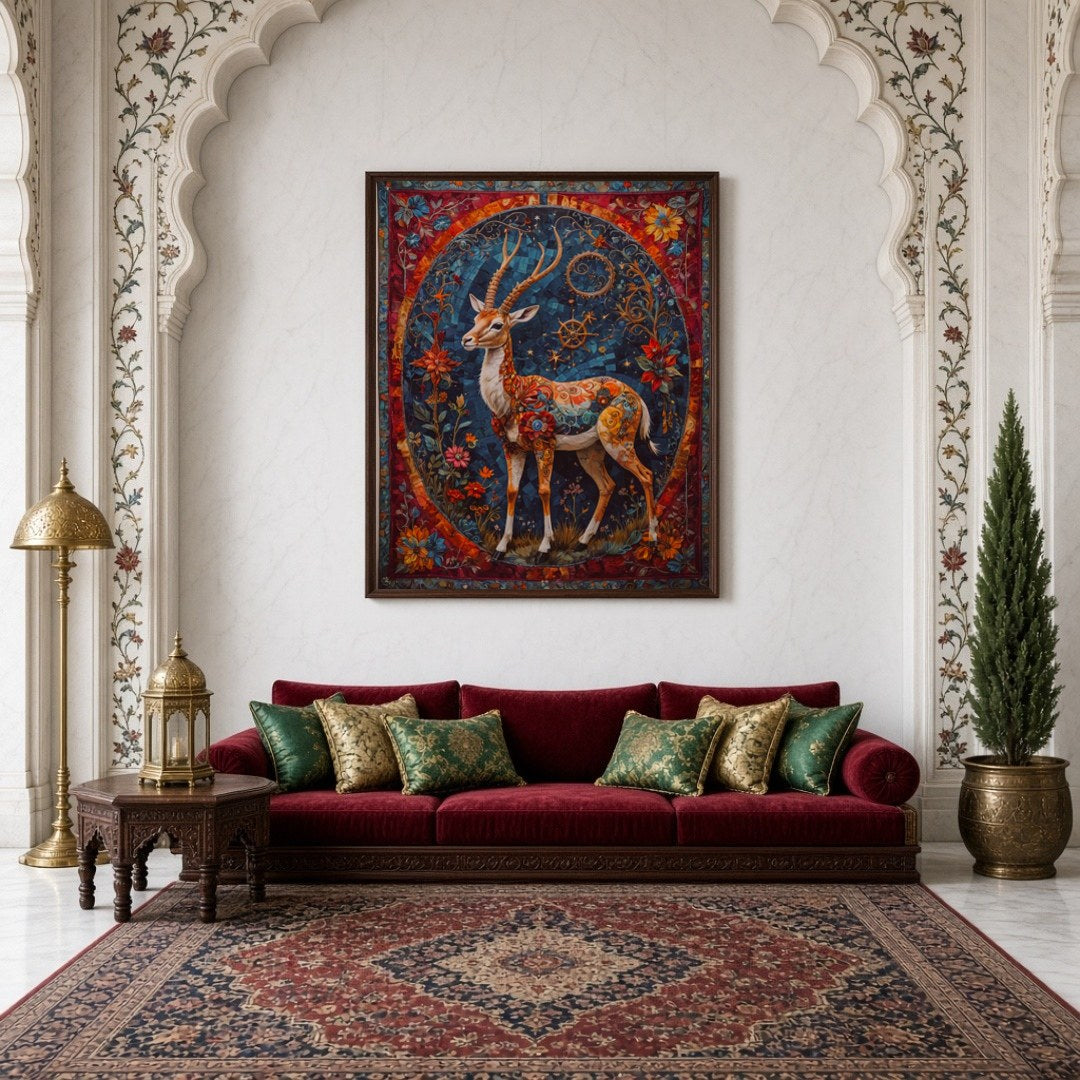 This mesmerizing artwork features an elegant deer adorned with intricate patterns and surrounded by for Living Room