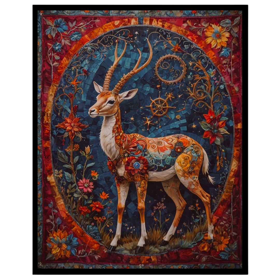 This mesmerizing artwork features an elegant deer adorned with intricate patterns and surrounded by for retreat