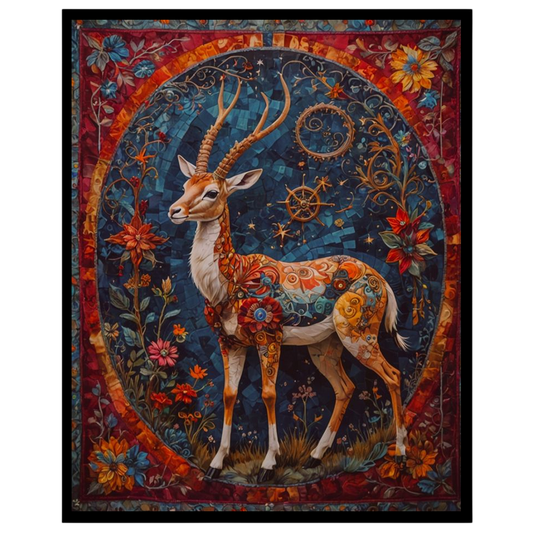 This mesmerizing artwork features an elegant deer adorned with intricate patterns and surrounded by for retreat