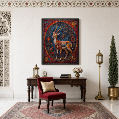 This mesmerizing artwork features an elegant deer adorned with intricate patterns and surrounded by for Study
