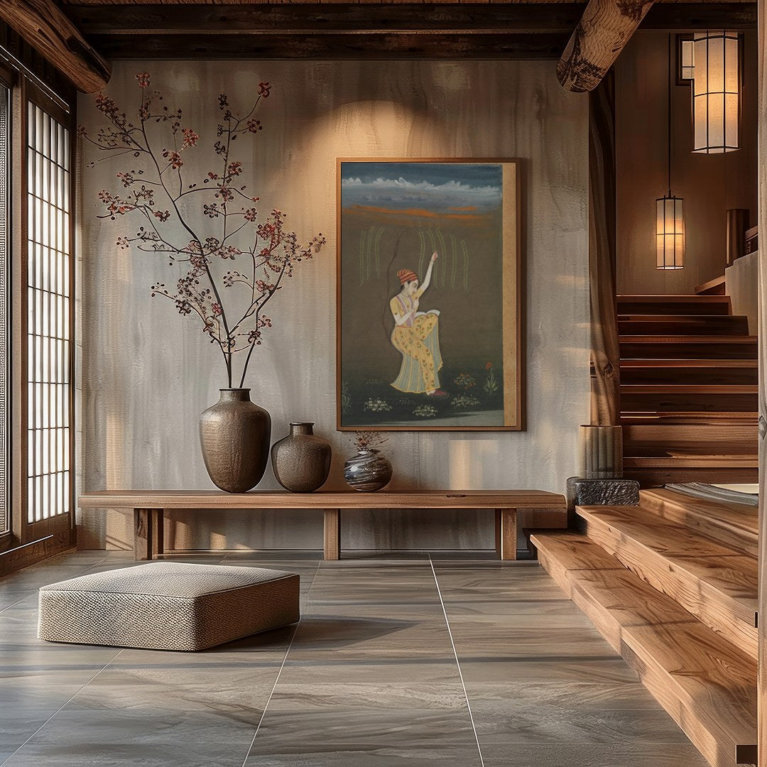 Immerse yourself in the graceful allure of this traditional artwork, showcasing a serene dancer for Hall