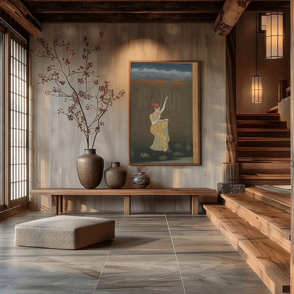 Immerse yourself in the graceful allure of this traditional artwork, showcasing a serene dancer for Hall