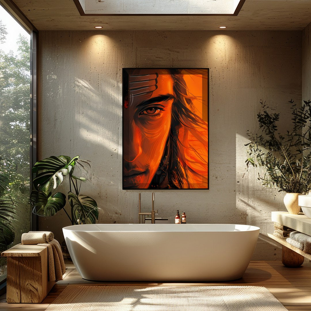 Immerse yourself in the mesmerizing aura of the Ethereal Ember Visage. This artwork artfully for Bathroom