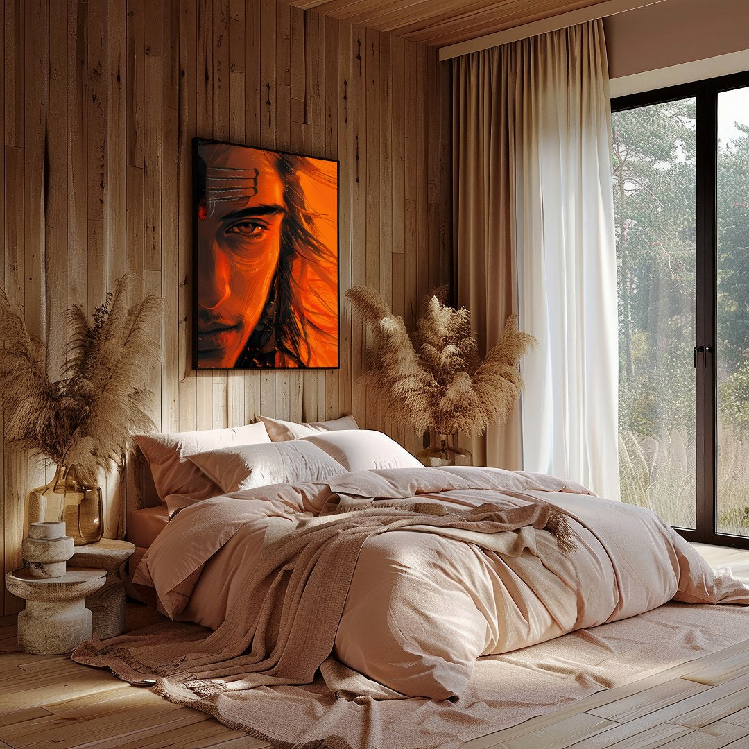 Immerse yourself in the mesmerizing aura of the Ethereal Ember Visage. This artwork artfully for Bedroom