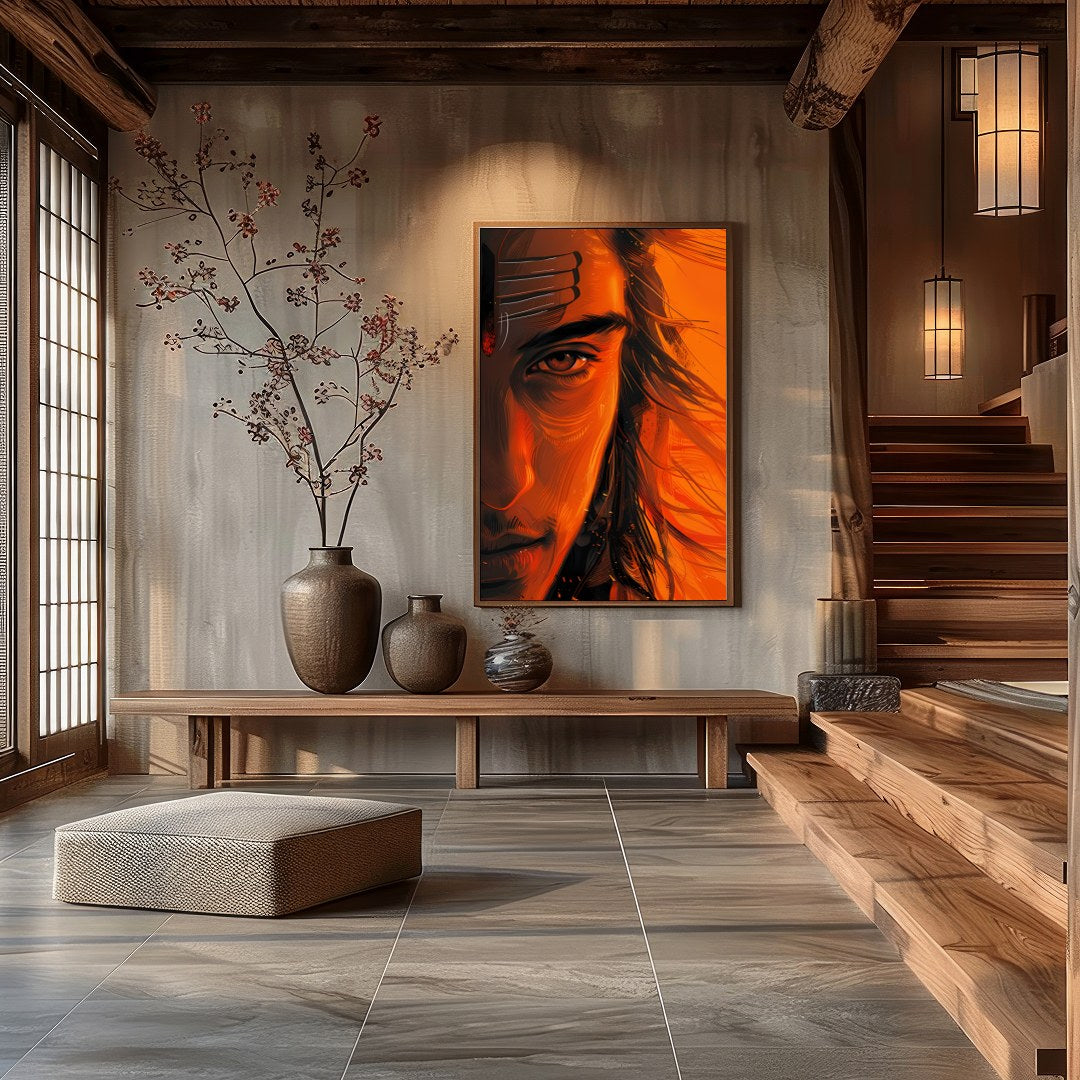 Immerse yourself in the mesmerizing aura of the Ethereal Ember Visage. This artwork artfully for Hall