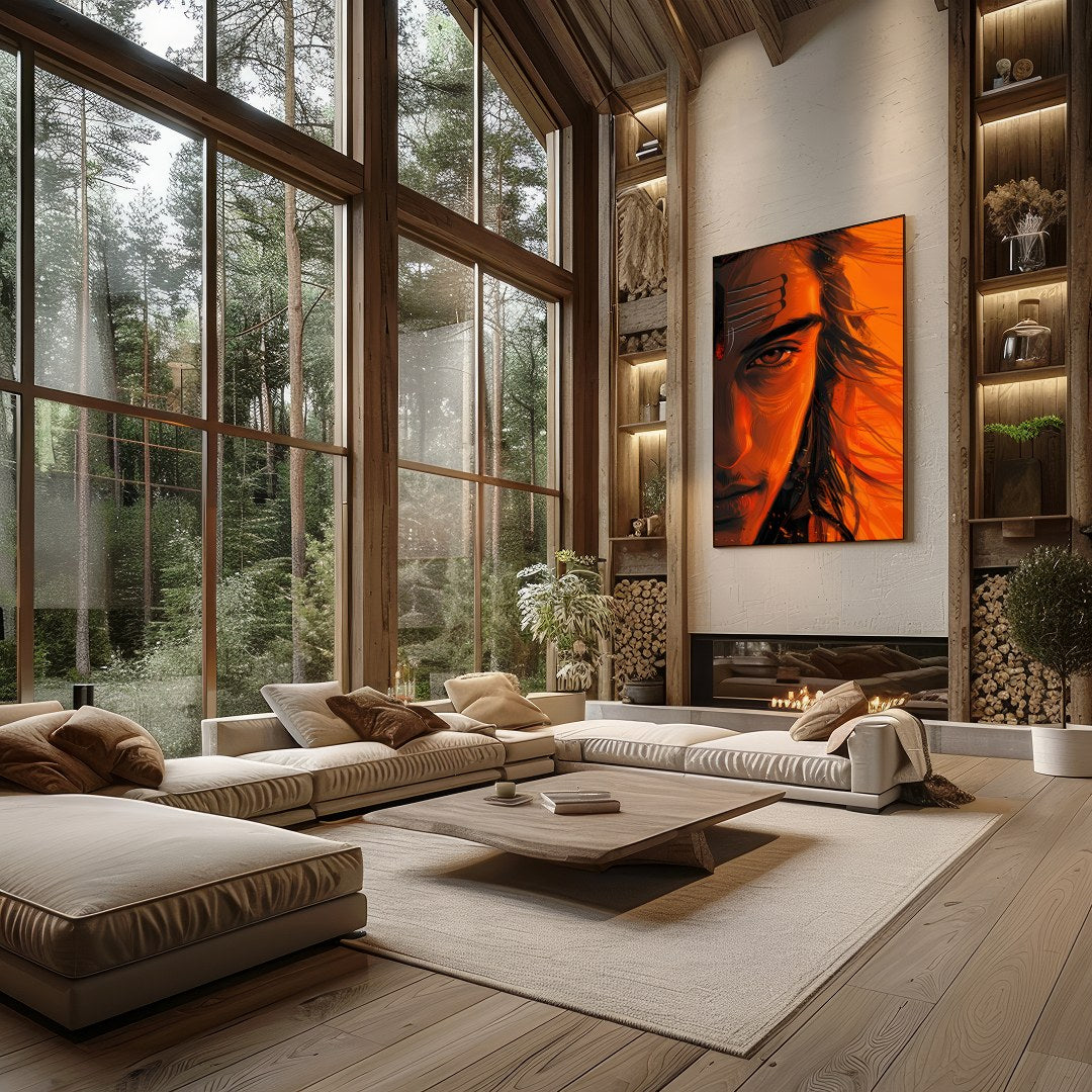 Immerse yourself in the mesmerizing aura of the Ethereal Ember Visage. This artwork artfully for Living Room