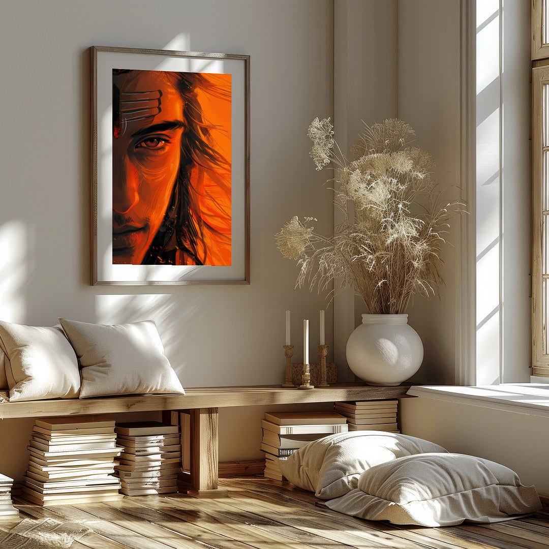 Immerse yourself in the mesmerizing aura of the Ethereal Ember Visage. This artwork artfully for nook