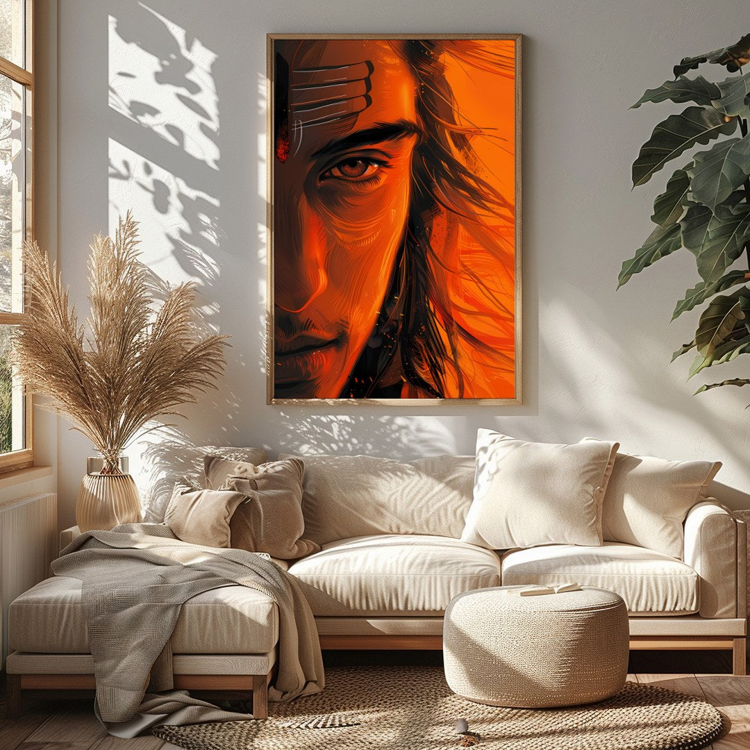 Immerse yourself in the mesmerizing aura of the Ethereal Ember Visage. This artwork artfully for Sitting Area