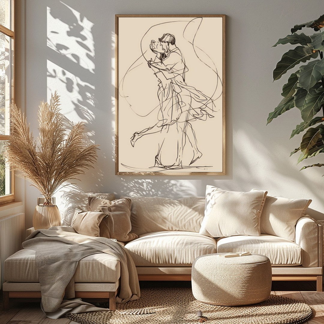 Immerse yourself in the delicacy of minimalism with this enchanting line art depicting a couple’s for Sitting Area