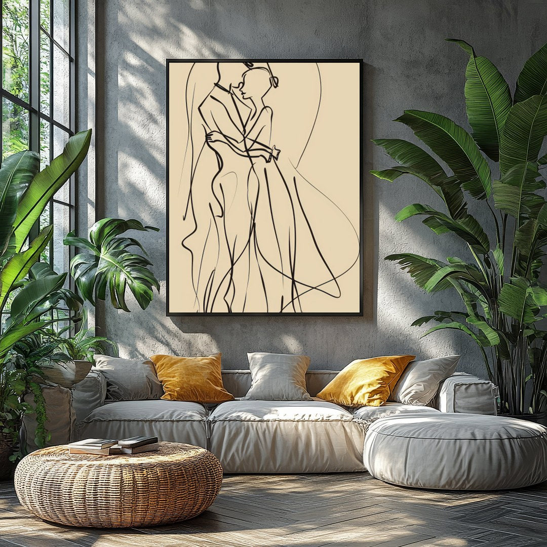 This captivating piece of minimalist line art captures the delicate elegance of two figures locked for Balcony