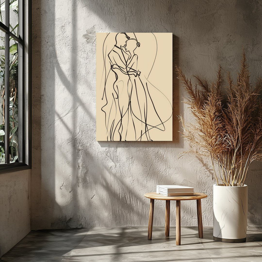 This captivating piece of minimalist line art captures the delicate elegance of two figures locked for Entrance
