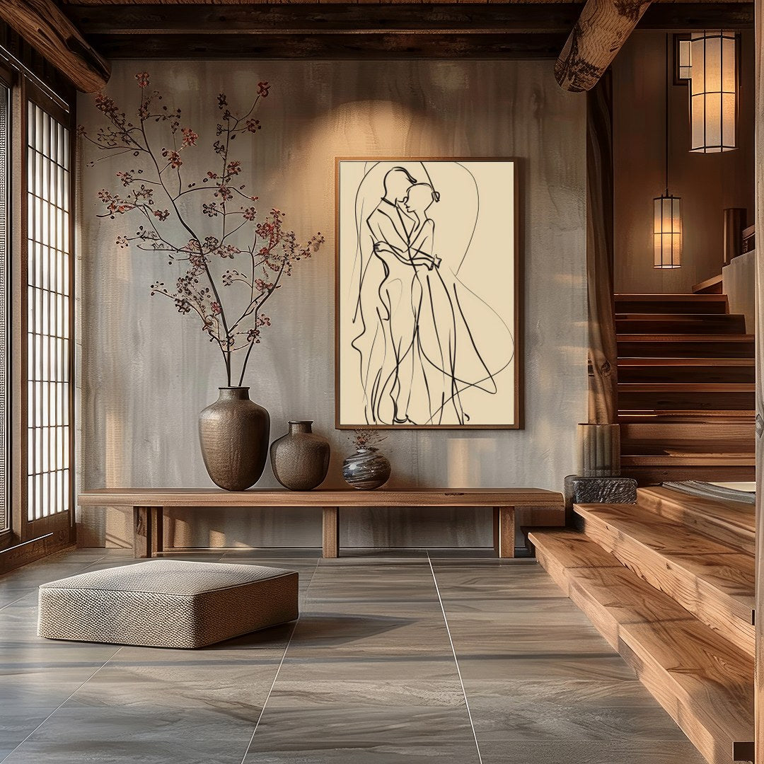 This captivating piece of minimalist line art captures the delicate elegance of two figures locked for Hall