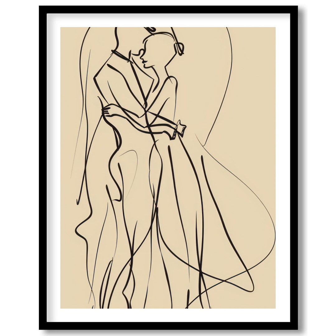 This captivating piece of minimalist line art captures the delicate elegance of two figures locked for haven