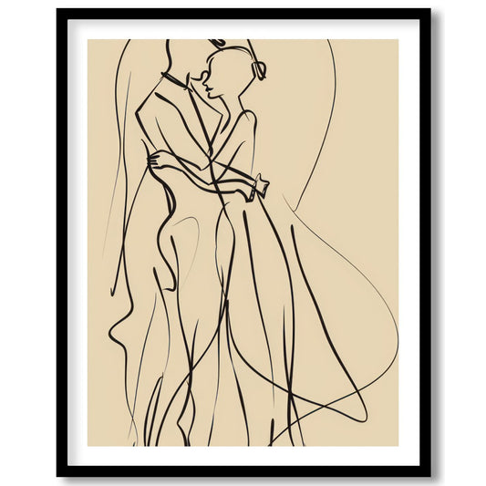 This captivating piece of minimalist line art captures the delicate elegance of two figures locked for haven