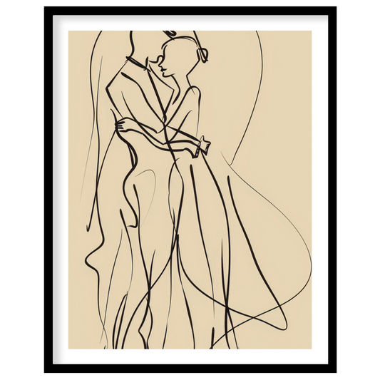 This captivating piece of minimalist line art captures the delicate elegance of two figures locked for haven