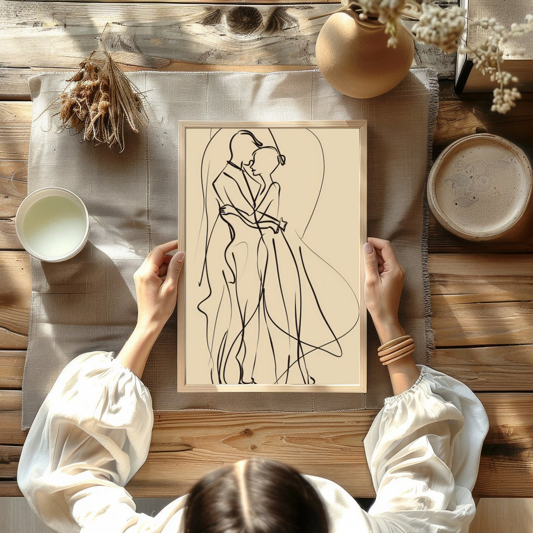 This captivating piece of minimalist line art captures the delicate elegance of two figures locked for Kitchen