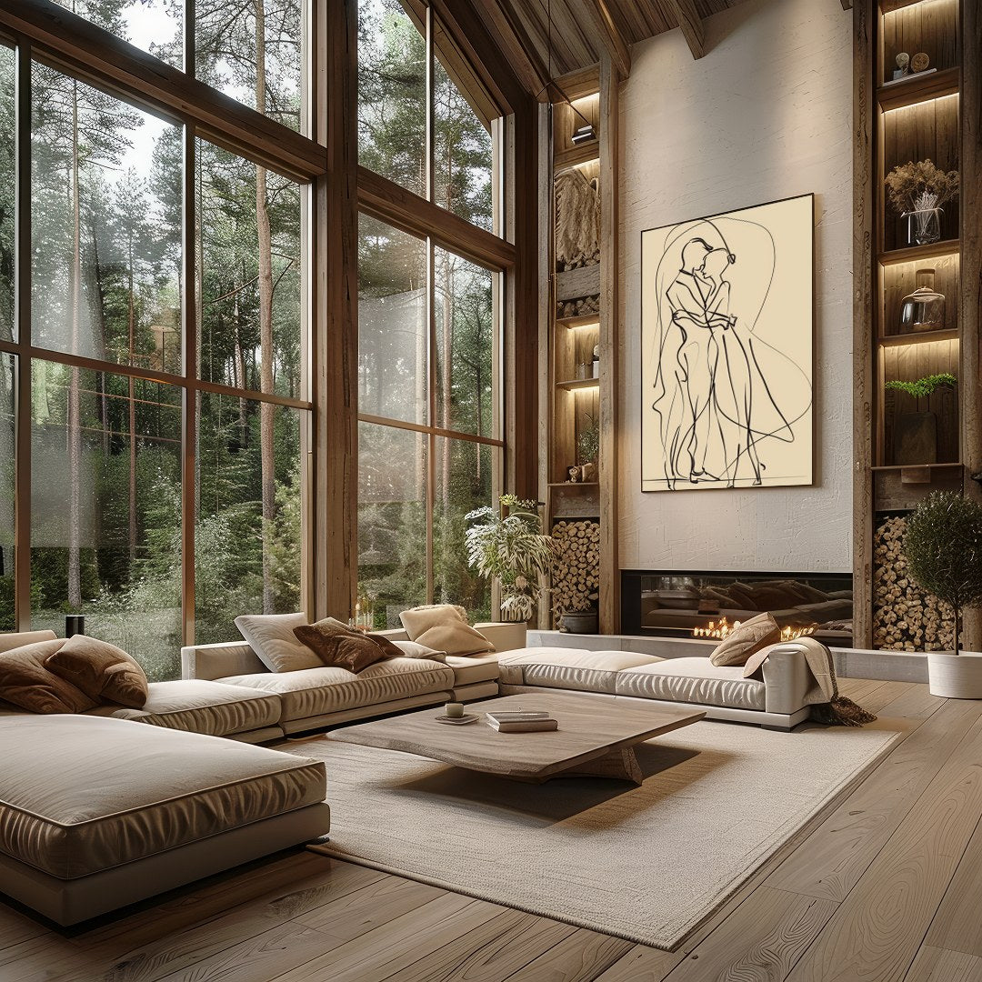 This captivating piece of minimalist line art captures the delicate elegance of two figures locked for Living Room