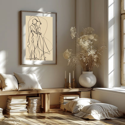 This captivating piece of minimalist line art captures the delicate elegance of two figures locked for sanctuary