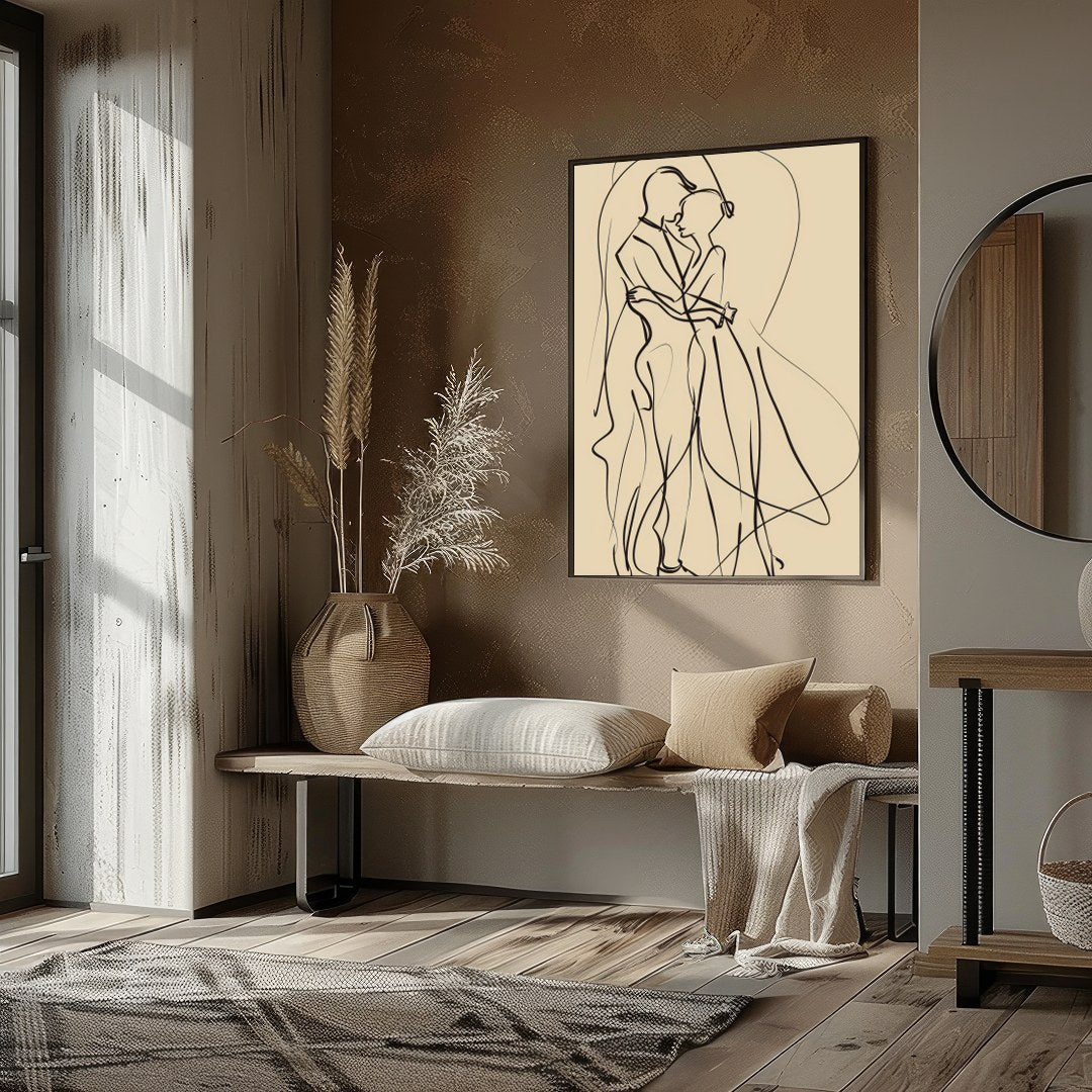 This captivating piece of minimalist line art captures the delicate elegance of two figures locked for space