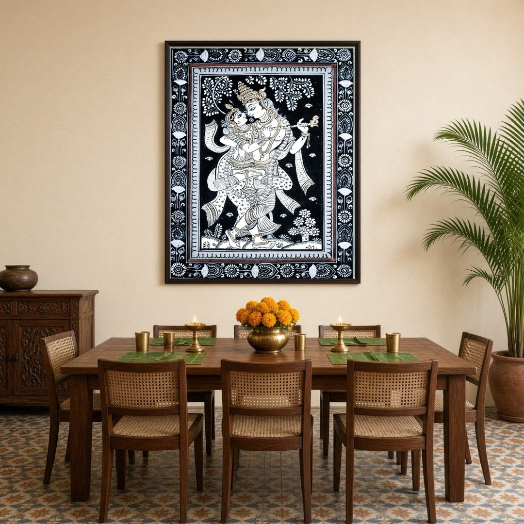 This exquisite Pattachitra artwork captures the timeless love story of Radha and Krishna in a for Dining