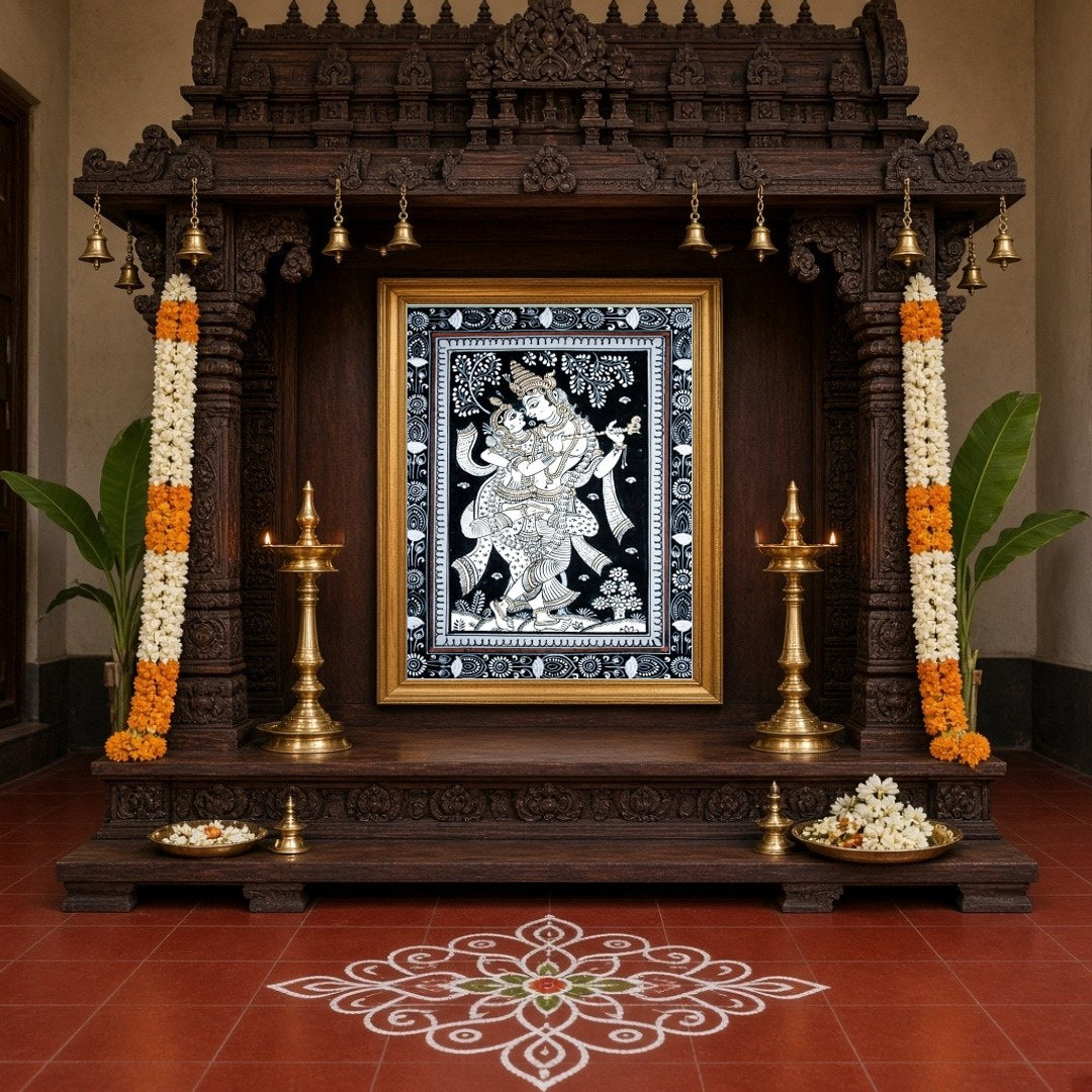 This exquisite Pattachitra artwork captures the timeless love story of Radha and Krishna in a for Home Temple
