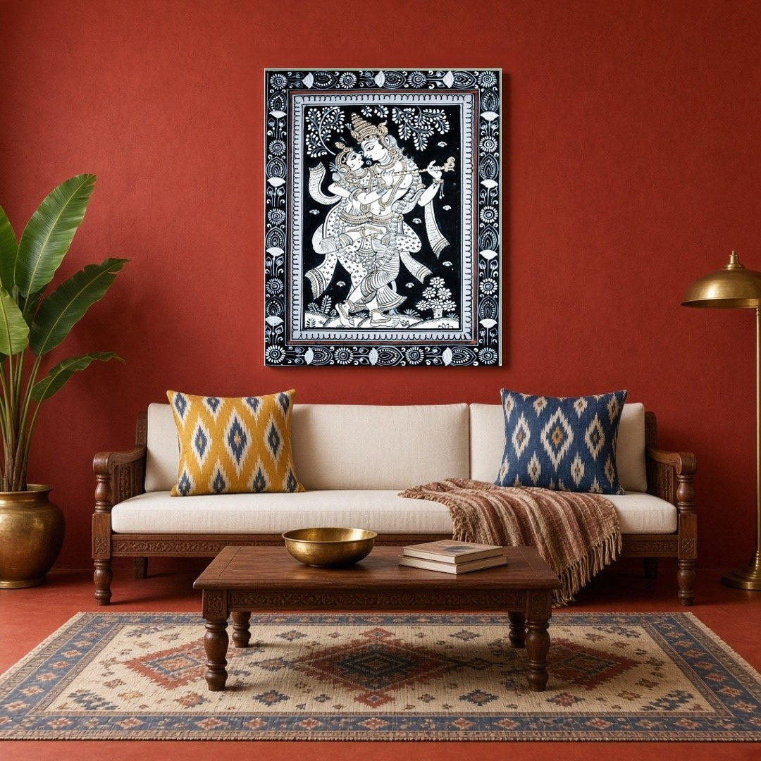 This exquisite Pattachitra artwork captures the timeless love story of Radha and Krishna in a for Living Room